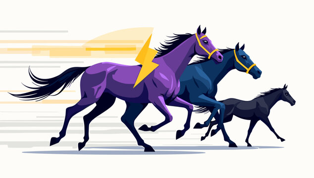 Three stylized horses running with a lightning bolt symbol