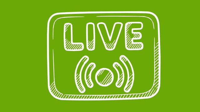 animated live stream broadcast icon with white hand drawn style fills and line boil effect on solid green screen chroma key background for easy video editing