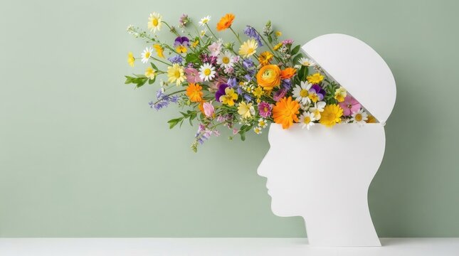 A conceptual studio shot of a white human head silhouette with colorful blooming flowers emerging from the brain area for world mental health day awareness
