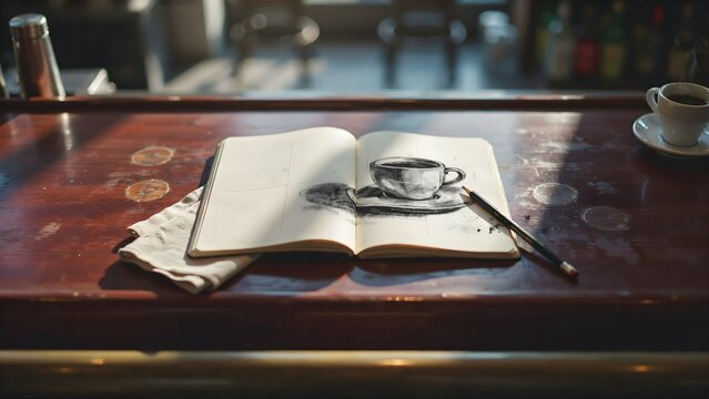 Open Sketchbook with Cup of Coffee and Pen on Wooden Coffee Shop Table