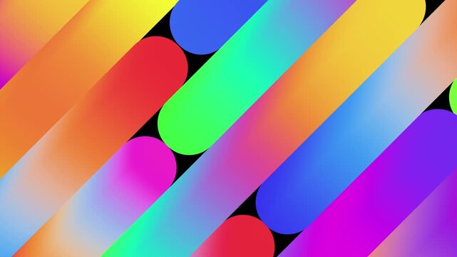 Futuristic seamless loop animation of colorful sharp capsule bars moving slowly and diagonally, minimal flat design geometric backdrop on black background 3d render