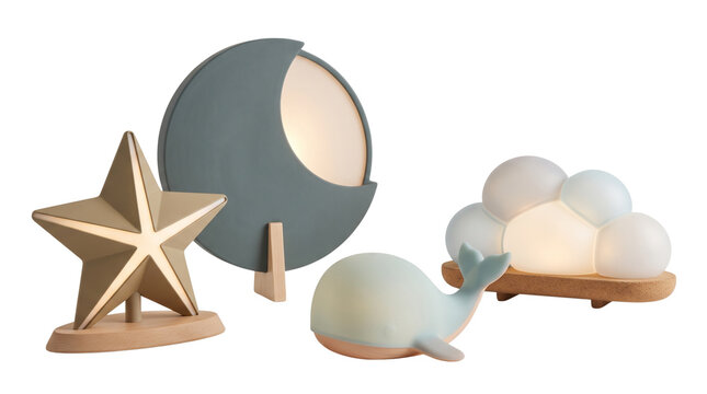 Modern nursery night lights in celestial shapes, decorative wooden lamps for kids bedroom, minimalist star moon cloud and whale lighting set isolated PNG with Transparent Background