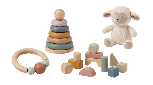 Eco-friendly wooden baby toys set, natural timber stacking rings and building blocks, soft plush lamb stuffed animal for nursery decor isolated PNG with Transparent Background