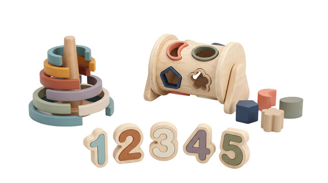Eco-friendly wooden educational toys, Montessori stacking rings and shape sorter, natural timber learning set with pastel numbers 1 to 5 isolated PNG with Transparent Background