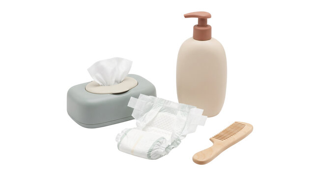 Essential baby care products set, infant hygiene supplies with diaper and wet wipes, nursery toiletries and wooden comb in soft pastel colors isolated PNG with Transparent Background