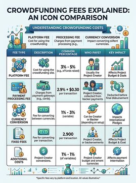 Crowdfunding fees explanation chart with icons and statistics