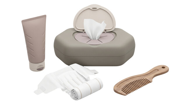 Baby care essentials set with wet wipes dispenser, cosmetic cream tube, wooden hair comb and soft cotton diapers, infant hygiene products isolated PNG with Transparent Background