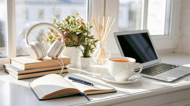 Home office setup with laptop, headphones, books, and tea cup on a sunny windowsill, ideal for remote work and study