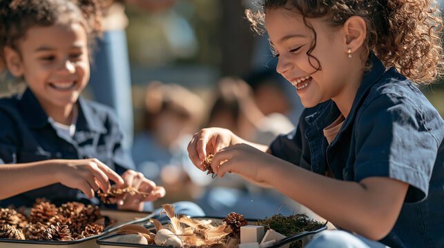 Happy little girls enjoying nature play activity outdoors, exploring natural materials and smiling during hands on learning