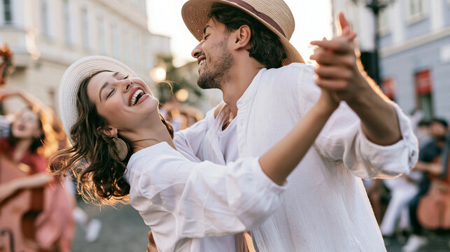 Happy couple dancing on a city street, enjoying summer travel, romance, and joyful street music performance