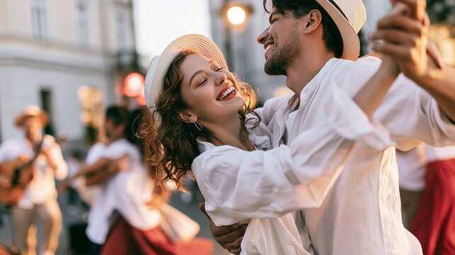 Romantic couple dancing street party at sunset, enjoying love, happiness, and summer fun outdoors