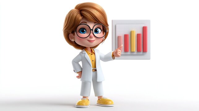 Business Growth Cartoon: A cheerful cartoon character in a white lab coat and glasses gives a thumbs-up next to a bar graph, symbolizing positive business growth and success.