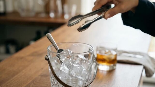Hand using a silver ice tongs to pick up ice cubes from a glass bowl on a wooden table, with a glass of liquor in the background