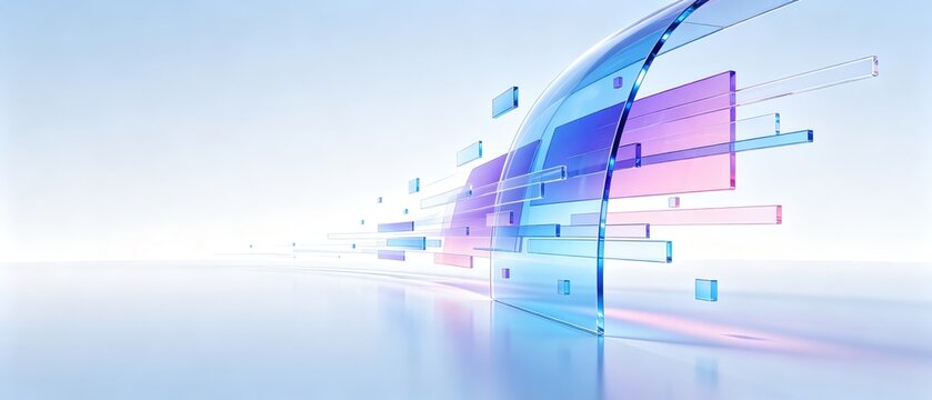 Transparent glass abstract shapes with dynamic motion, idea for futuristic technology landing page and website banner