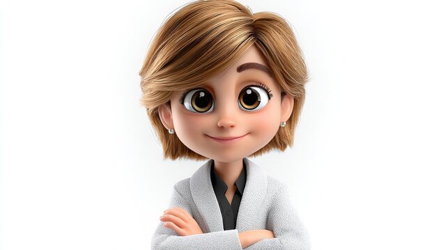 Charming Cartoon Professional: A stylized 3D animated character with short brown hair, warm eyes, and a friendly smile, wearing a white blazer and a grey shirt, exudes confidence and approachability.