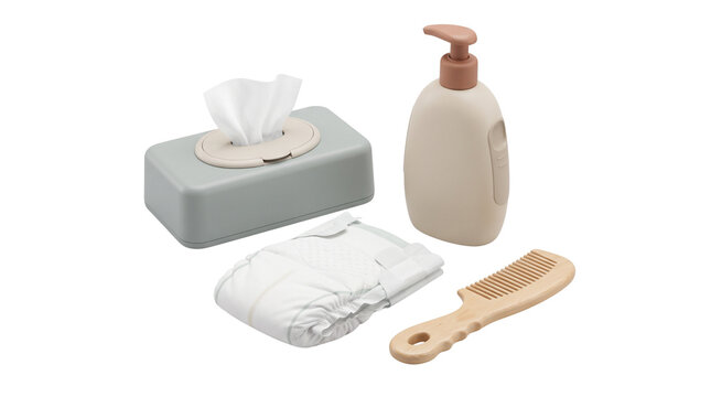 Minimalist baby care essentials set, neutral nursery hygiene products, infant diapering accessories with wet wipes and lotion bottle isolated PNG with Transparent Background