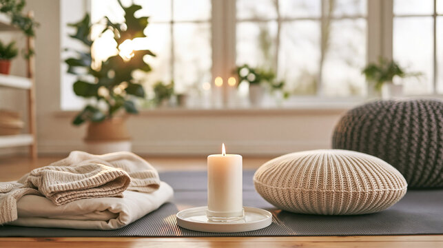 Candle burning on a yoga mat with cozy blanket and pillows, creating a peaceful scene for meditation and wellness
