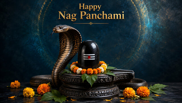 Elegant nag panchami devotional composition showing cobra beside shiv lingam decorated with marigold flowers green leaves and golden accents on blue background