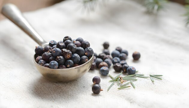 Juniper Berries in Vintage Metal Spoon on Linen Fabric with Copy Space, Natural Culinary Ingredient.