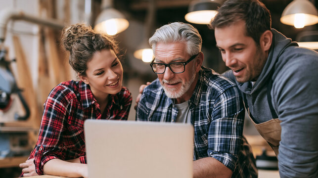 Crafting business plan, multi generational team using laptop in workshop for online strategy and small family company growth