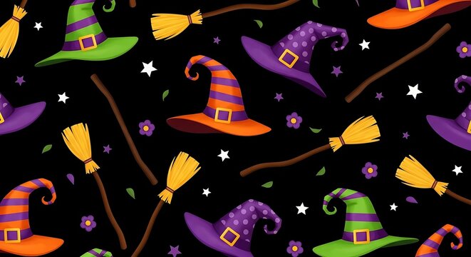Colorful Halloween Seamless Pattern with Witch Hats Broomsticks Stars and Magical Elements on Black Background