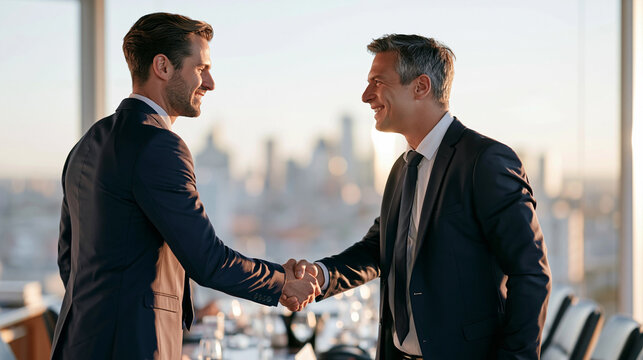 Business executives shaking hands, sealing a professional deal and partnership in a modern office with city skyline view