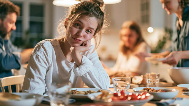 Young woman feeling bored during family dinner, experiencing loneliness and apathy at home table
