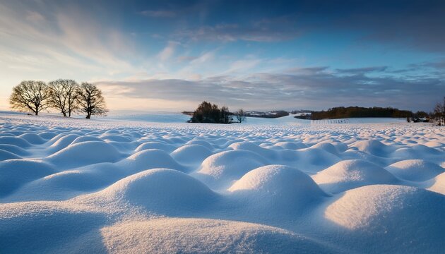 Snowy Hummocks Covering Open Field In Winter Countryside Landscape Under Soft Overcast Sky Creating Unique Natural Texture Across Rural Meadow Land With Bare Trees On Distant Horizon At Twilight