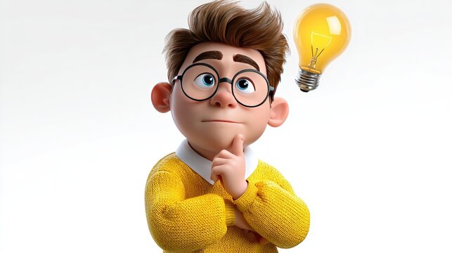 A Moment of Inspiration: A young boy with glasses wearing a yellow sweater contemplates a bright idea, symbolized by a glowing lightbulb above his head.