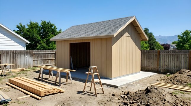 Construction of a New Backyard Wooden Storage Shed with Building Materials and Tools on Sunny Day
