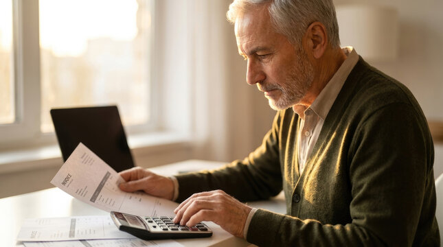Senior man checking paper invoice and using calculator at home office desk. Mature businessman calculating bills and managing household budget.