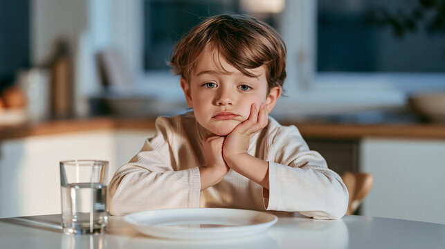 Little boy sitting at kitchen table with an empty plate, hands under chin, expressing boredom and sadness, waiting for a meal
