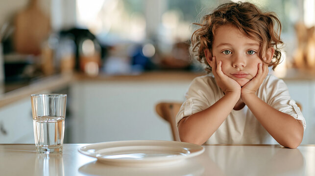 Young boy sitting at a table with an empty plate, hands cupping his face, expressing boredom and waiting