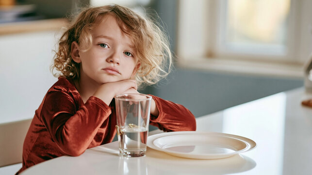 Child with curly blonde hair feeling sad and lonely at table, an empty plate and a glass of water suggesting hunger or poverty