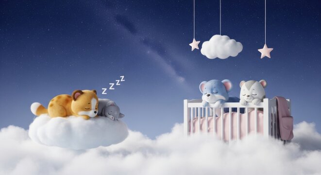 Cute Cartoon Animals Sleeping Peacefully on Clouds