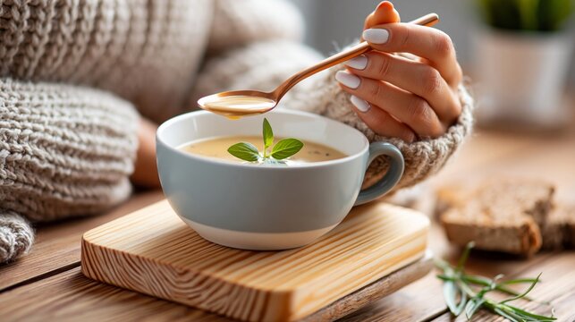 Hand in cozy sweater holding spoon, eating warm creamy soup from a bowl on wooden background, comfort food concept