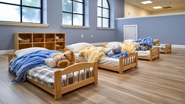 Preschool nap time scene with several toddler beds and stuffed animals in a quiet, organized daycare room