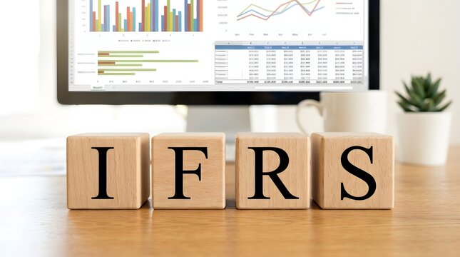 IFRS Acronym on Wooden Blocks with Computer Monitor Displaying Financial Analysis and Data Charts