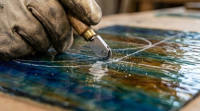 Hand in protective glove scoring colorful art glass with a glass cutter tool, a close-up of the meticulous glass crafting process.