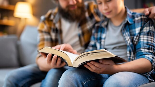 Father and son bonding during storytime, reading book together, adult teaching young boy at home