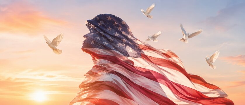 woman profile draped in american flag with white doves flying across golden sunset sky, concept of freedom, peace and remembrance