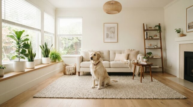 A cute golden retriever sitting in a cozy bright living room as a symbol of comfort and emotional support for world mental health day awareness