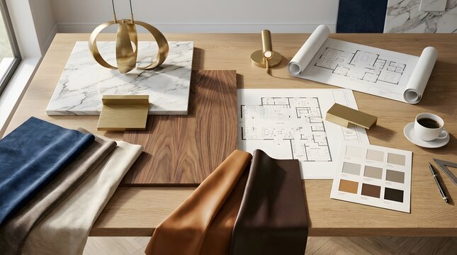 Interior Design Workspace with Architectural Blueprints, Material Samples, Fabric Swatches, and Home Decor Elements