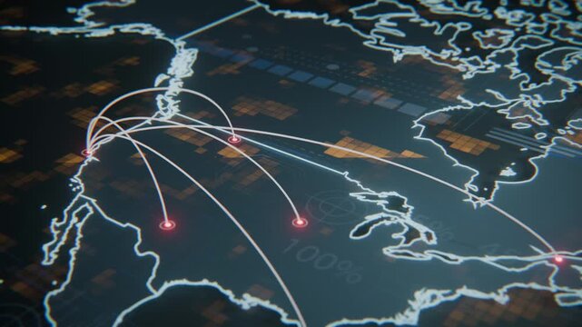 uturistic 3D animation showing a glowing digital communication line starting from San Francisco and traveling across the United States map. Symbolizes data transfer, networking, and technology.
