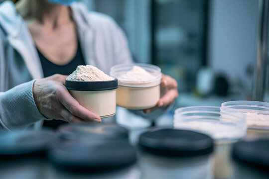 Two containers of powdery substance held by a person, with more containers in the foreground and background, suggesting a production or packaging process