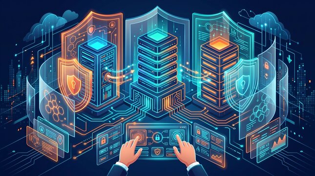 Cybersecurity and server protection concept with hands operating digital dashboard protected data center and neon shields