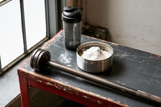 A close-up shot of a barbell, a protein shaker, and a small metal container filled with white powder, likely protein powder, placed on a weathered table. The scene is set in a gym or fitness area.