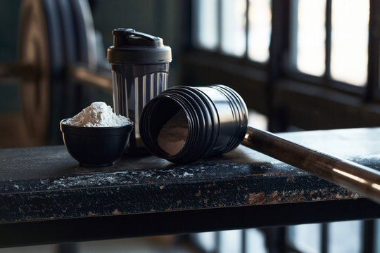 Gym equipment and supplements including a shaker bottle, powder, and a dumbbell