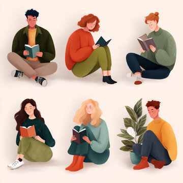 Flat graphic with people immersed in reading books. Modern composition about imagination and reading culture