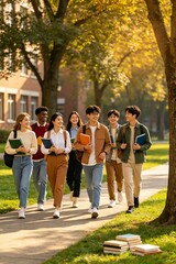 Obraz premium Group of University Students Walking Along Scenic Campus Path During Autumn Semester with Books